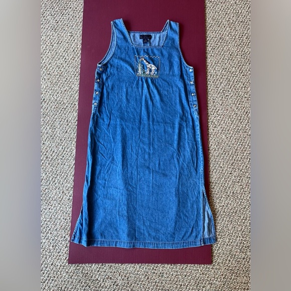 New Direction Denim Dress Womans Petite Medium Giraffe Embroidery Maxi 90s Y2K - Picture 1 of 8
